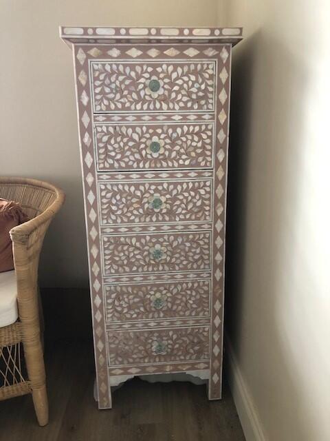 Mother of Pearl Inlay Tallboy : Floral : Blush Damaged & Somewhat Repaired