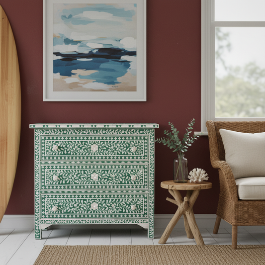 Bone Inlay 3 Drawer Chest : Floral : Green