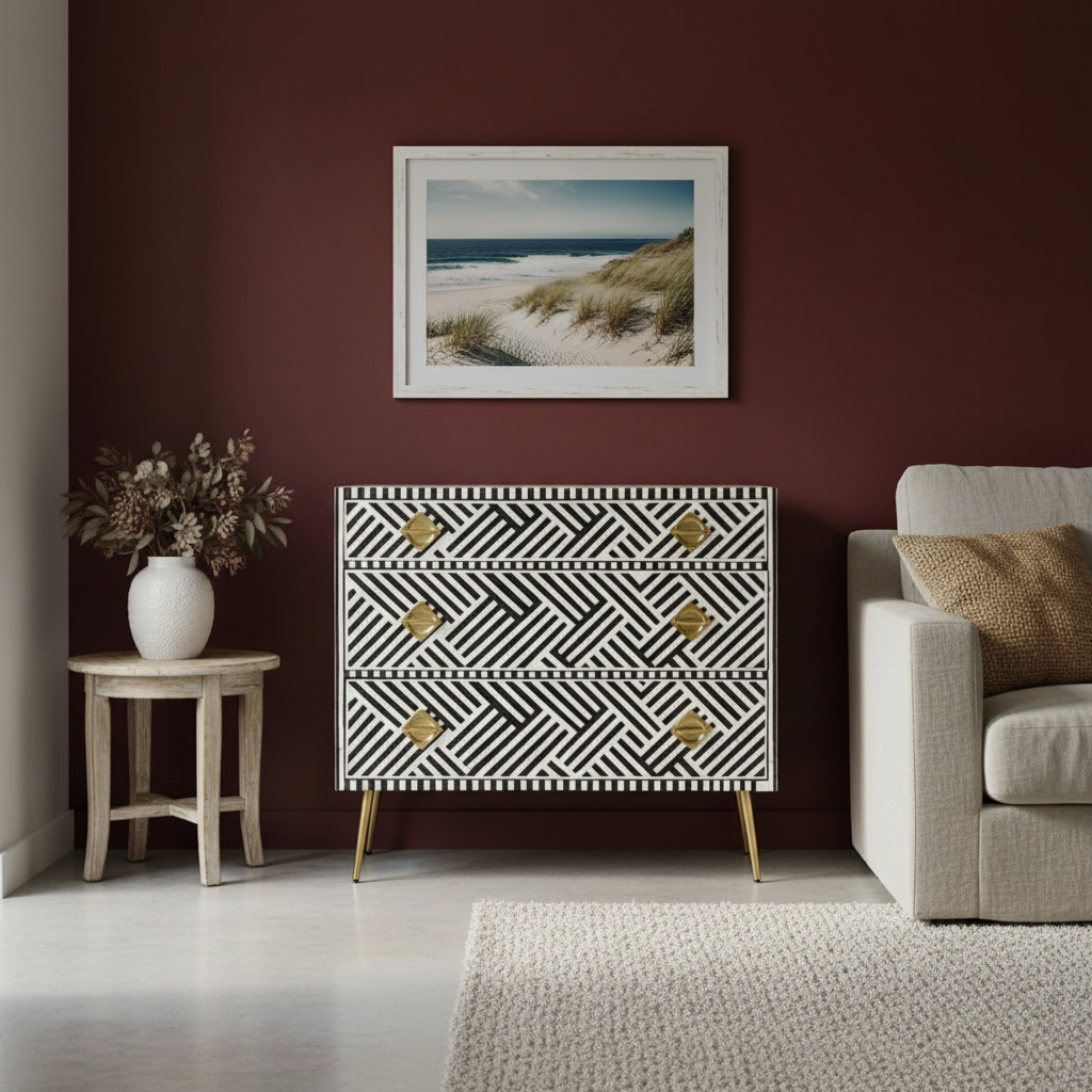 Bone Inlay 3 Drawer Chest : Criss Cross : Black