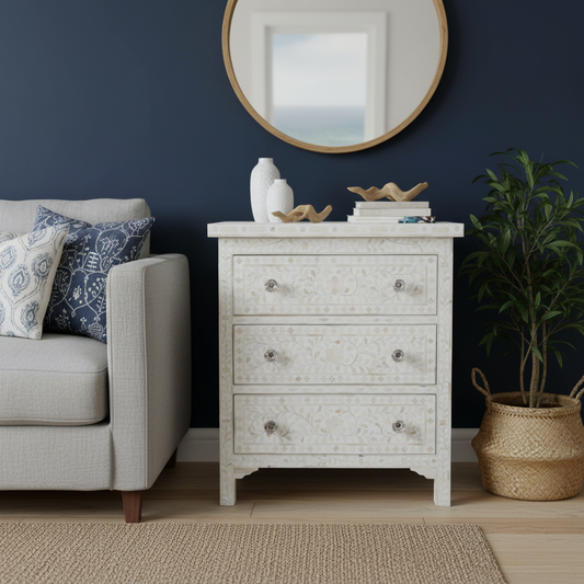 Bone Inlay 3 Drawer Chest : Floral: White