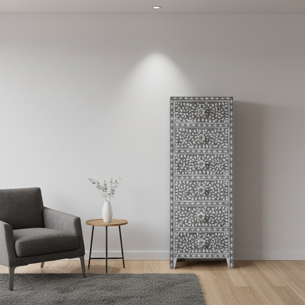 Mother of Pearl Inlay Tallboy : Floral : Grey