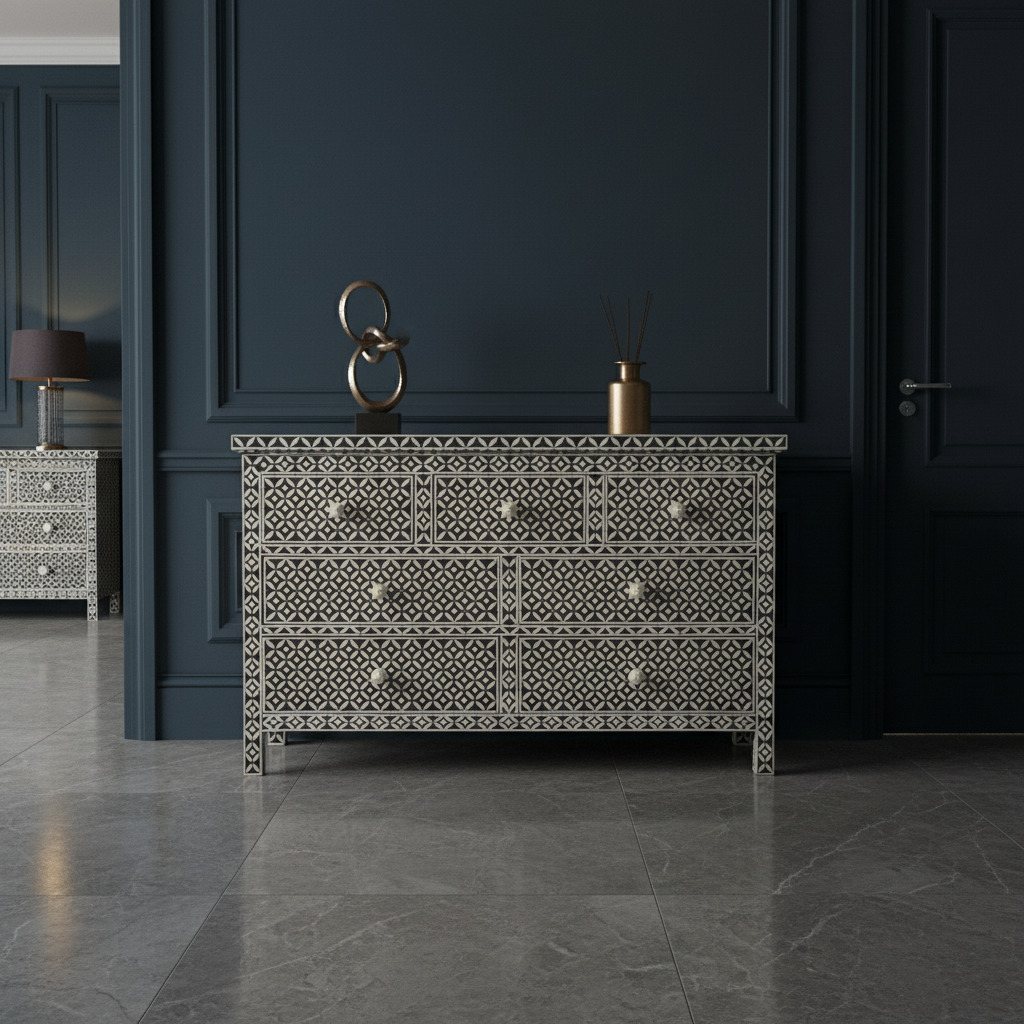 Bone Inlay 7 Drawer Chest : Starburst : Black