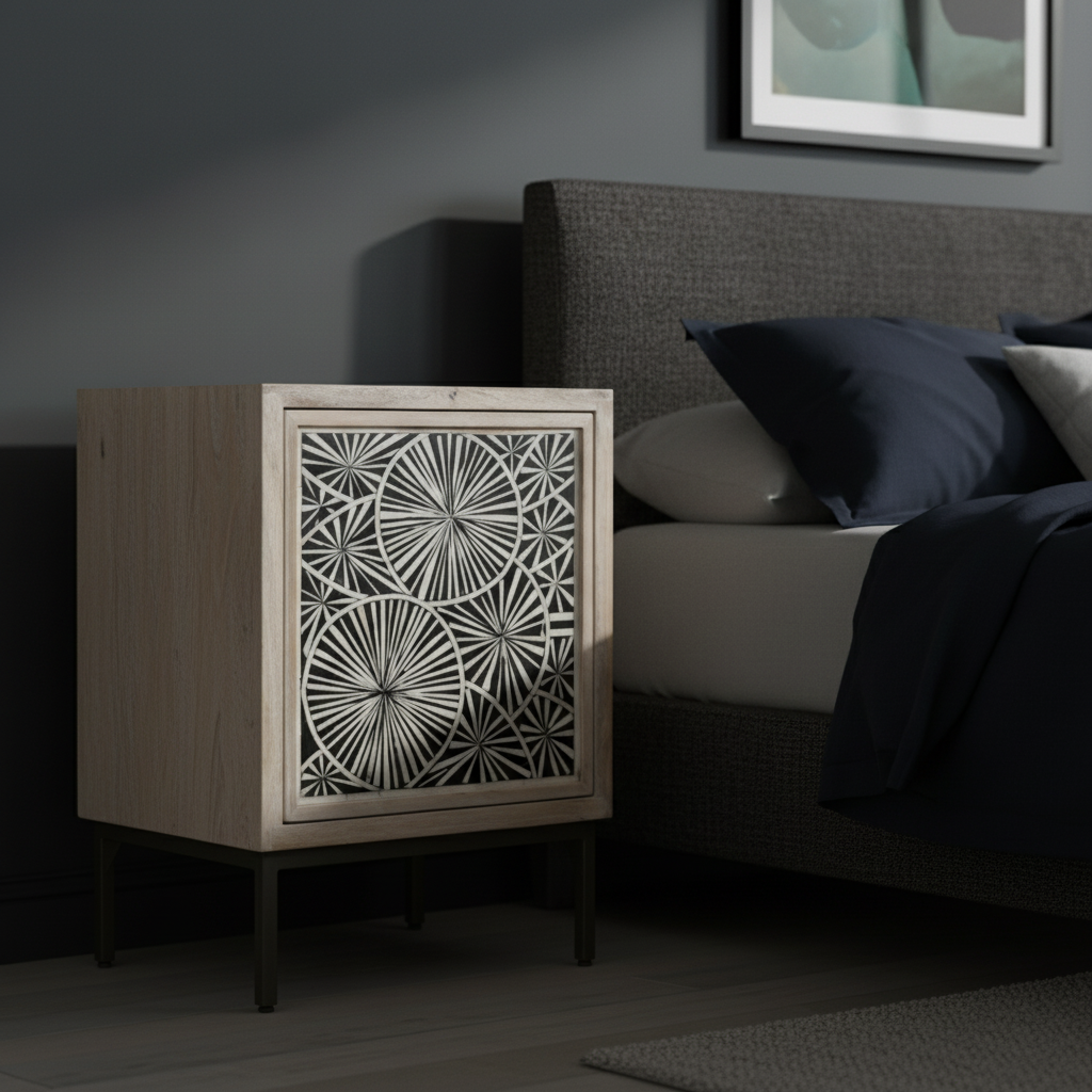 Bedside Cabinet with Bone Inlay Insert : Pond Lily : Whitewash