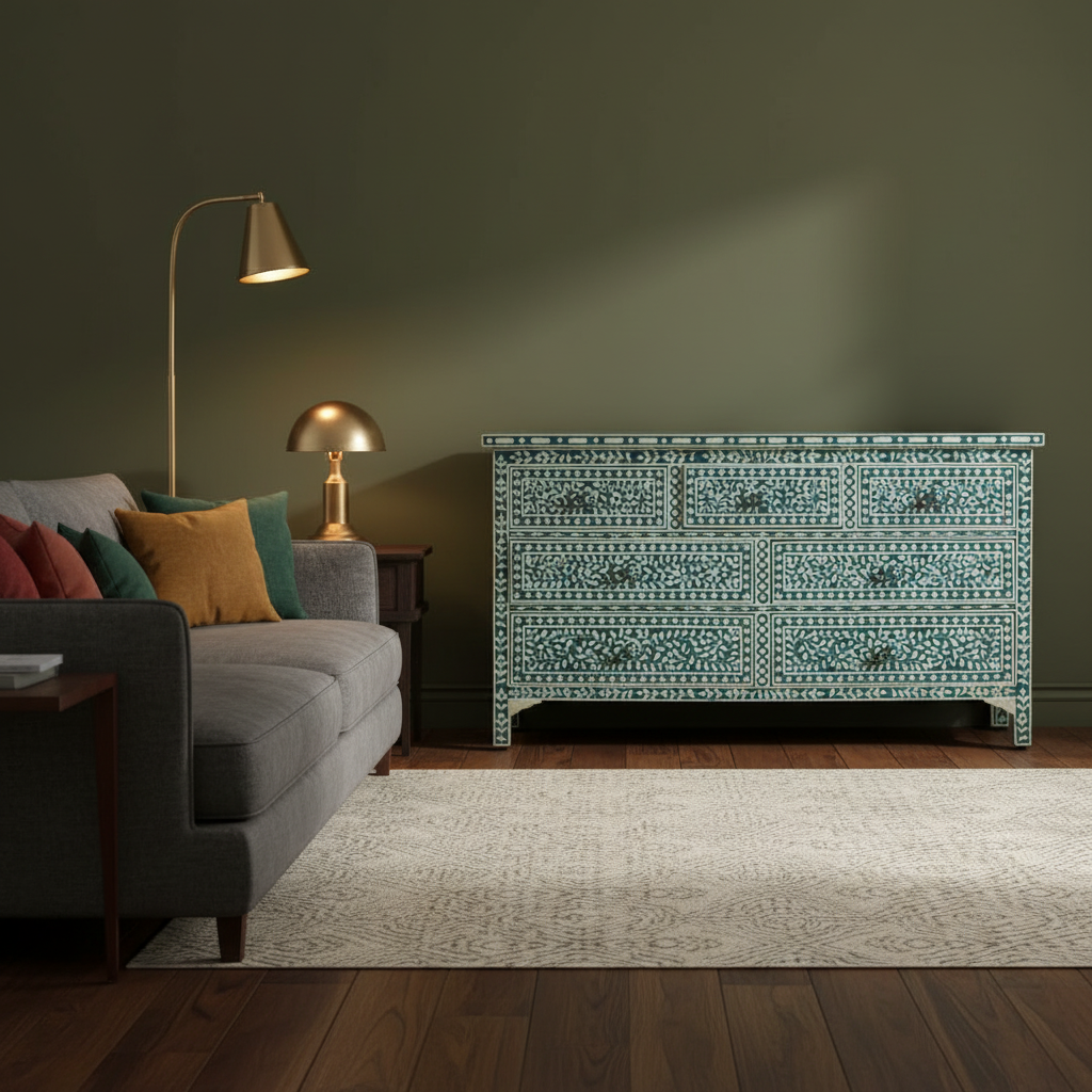 Bone Inlay 7 Drawer Chest : Floral : Emerald Green