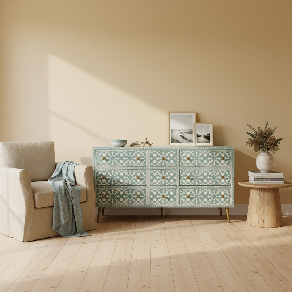 Bone Inlay 9 Drawer Sideboard : Zelliges : Aqua