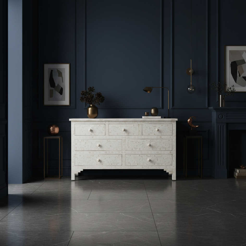 Bone Inlay 7 Drawer Chest : Floral : White