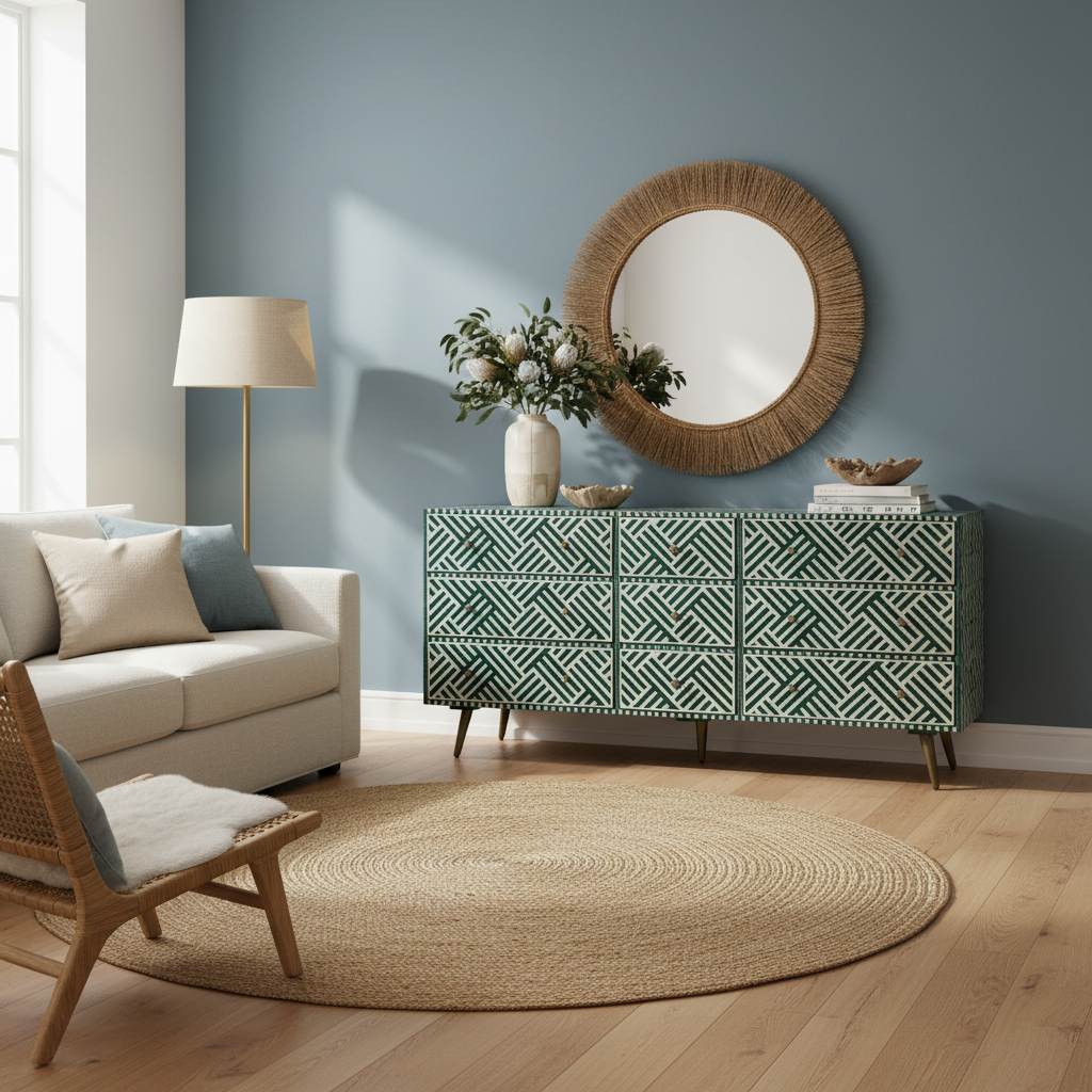 Bone Inlay 9 Drawer Sideboard : Criss Cross : Dark Green