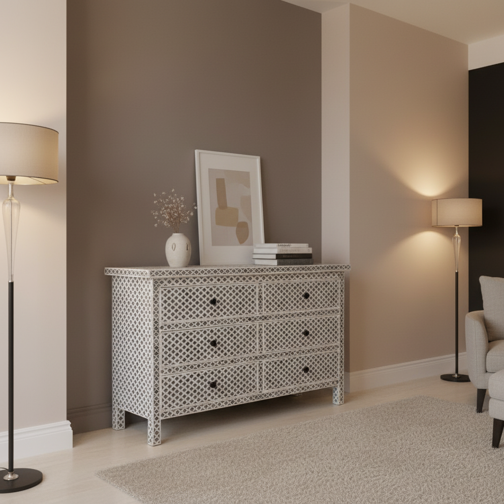 Dyed Bone Inlay 6 Drawer Chest : Moroccan : Grey