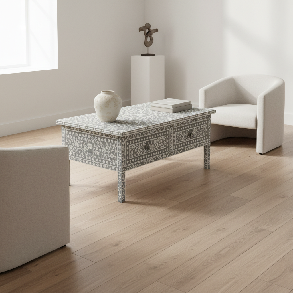 Bone Inlay Rectangular Coffee Table : Floral : Grey