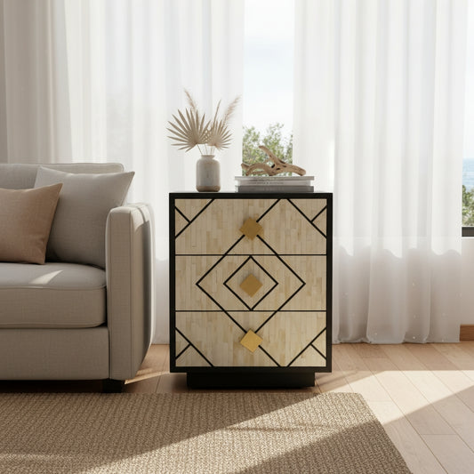 Bone Inlay 3 Drawer Bedside/Side Table : Brickwork : Black & White