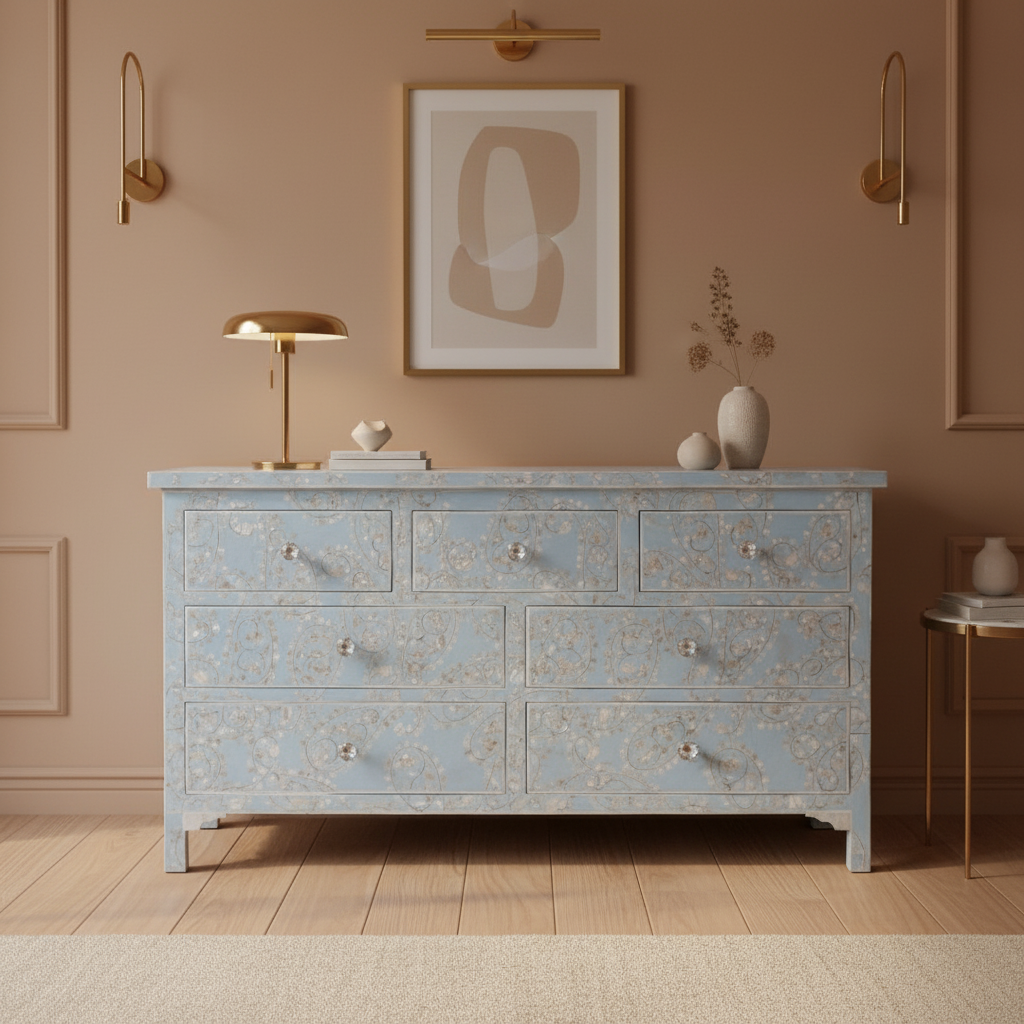 Mother of Pearl Inlay 7 Drawer Chest : Boteh : Blue