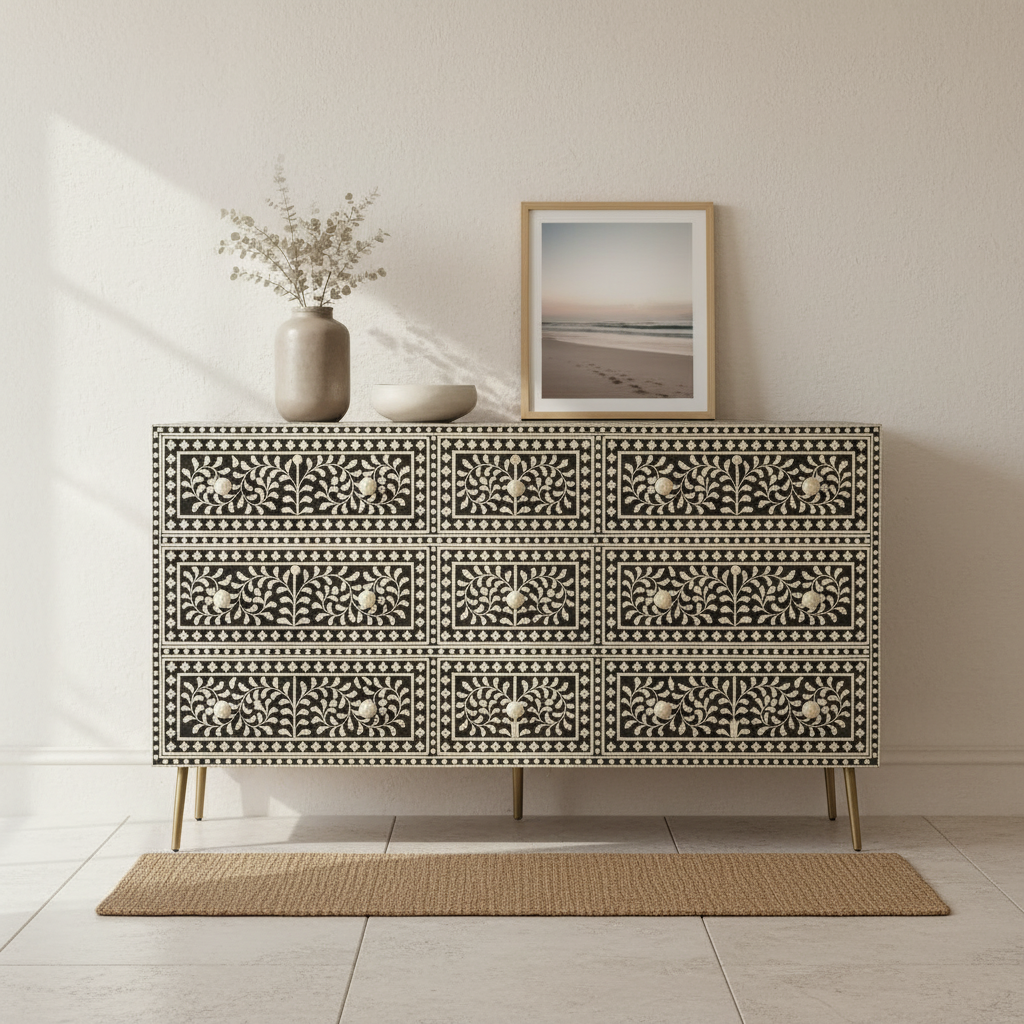 Bone Inlay 9 Drawer Sideboard : Liana : Black
