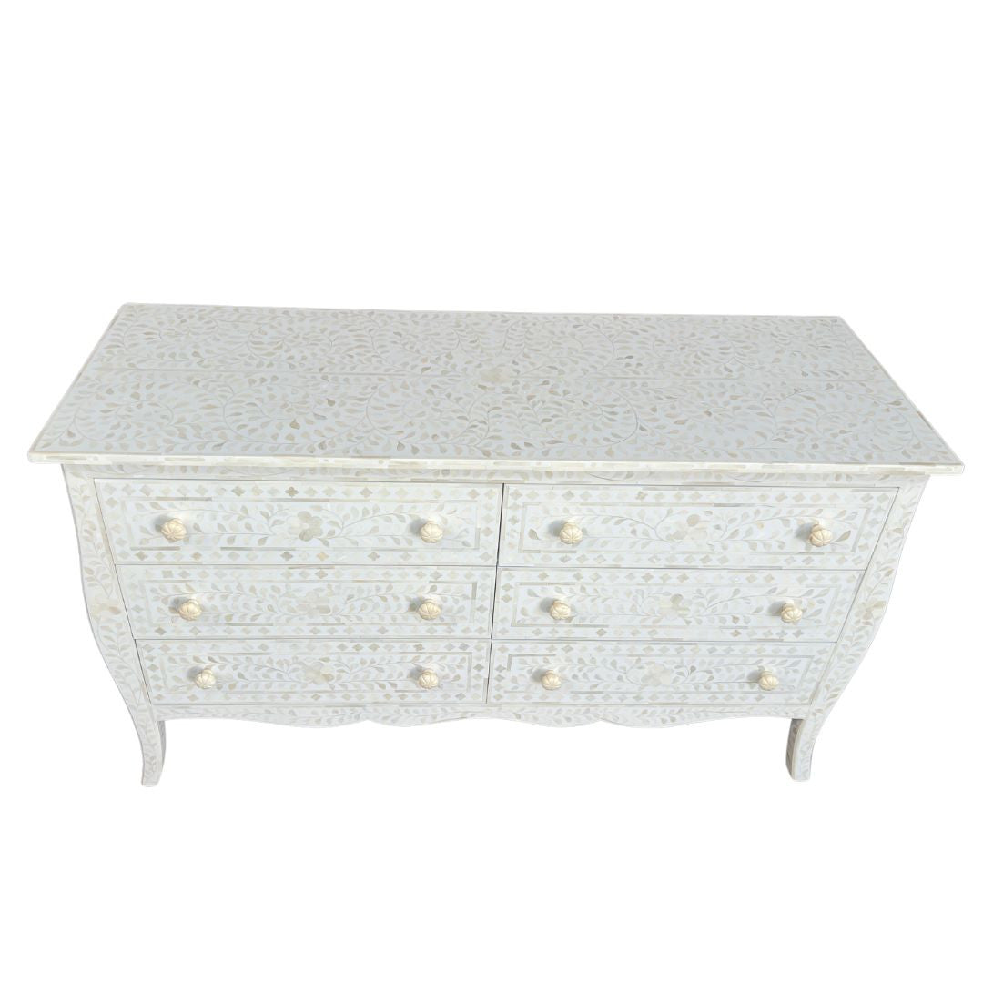 Bone Inlay French 6 Drawer Chest : Floral : White