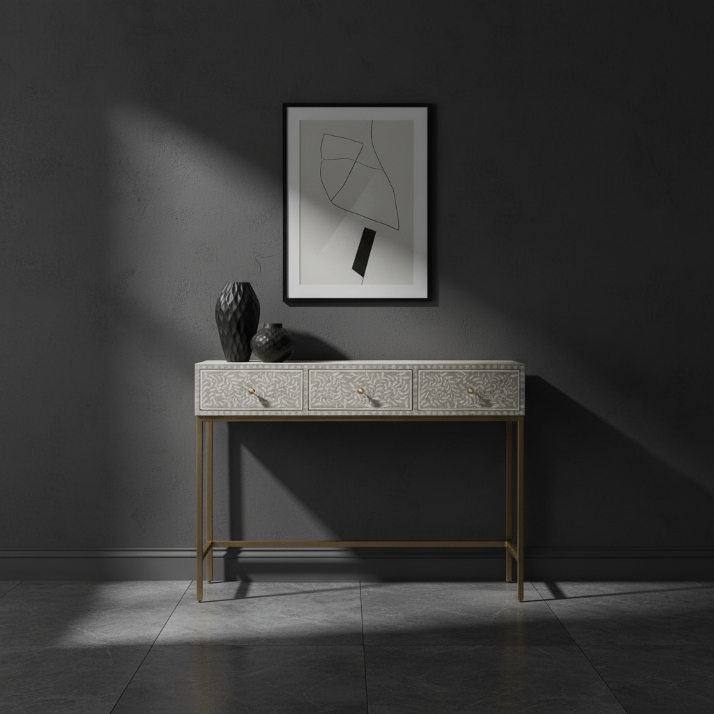 Bone Inlay Console with Brass Look Legs : Liana : Grey