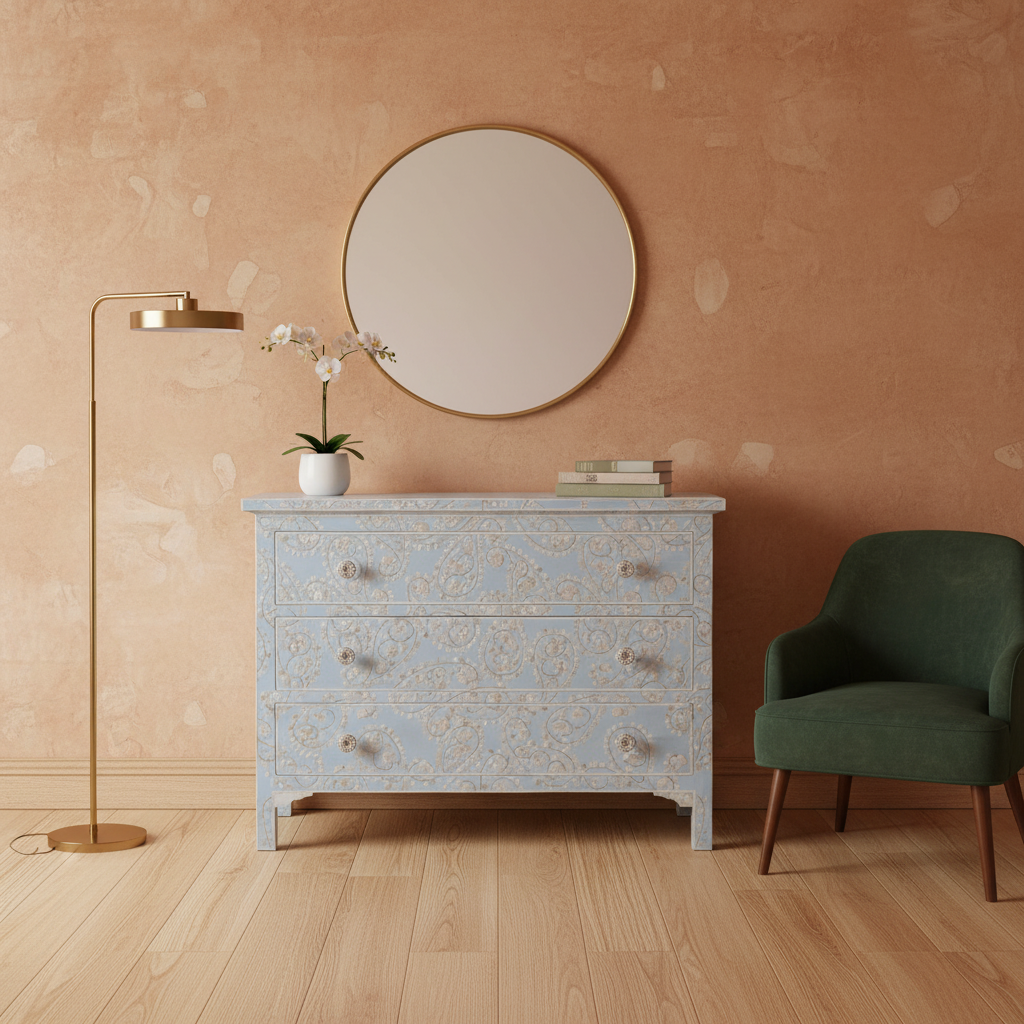 Mother of Pearl Inlay 4 Drawer Chest : Boteh : Blue