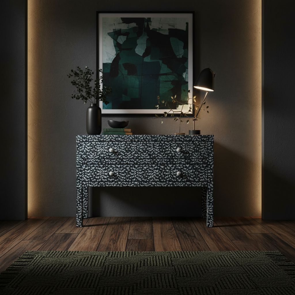 Bone Inlay 2 Drawer Chest : Hearts : Black