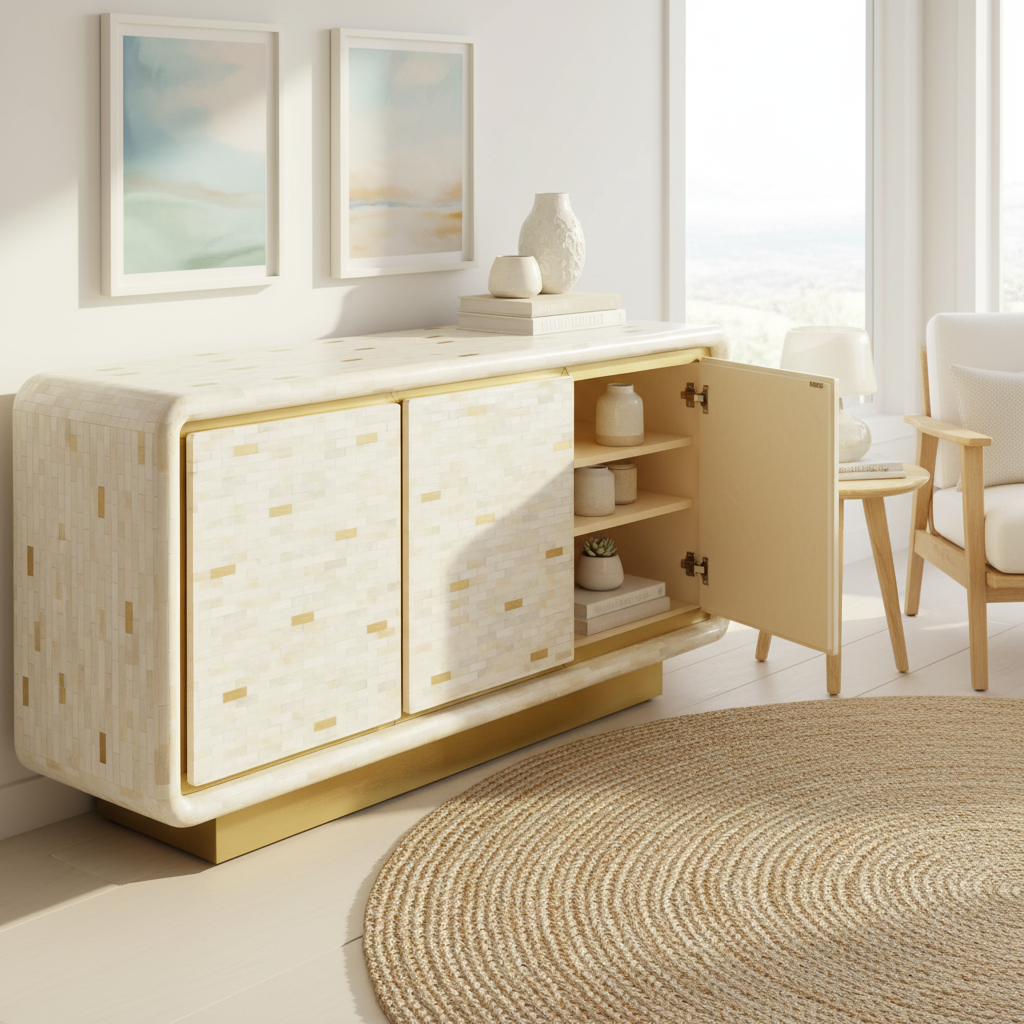 Bone Inlay 3 Door Buffet : Brickwork with Brass Accent : White