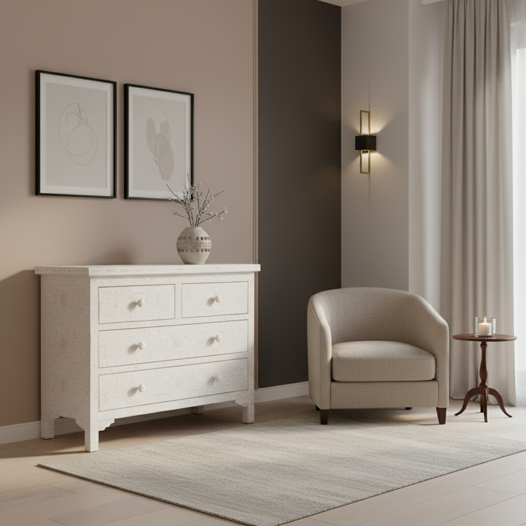 Bone Inlay 4 Drawer Chest : Floral : White