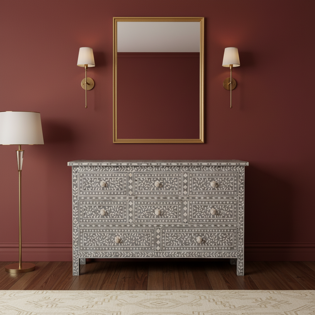 Bone Inlay 8 Drawer Chest : Floral : Grey
