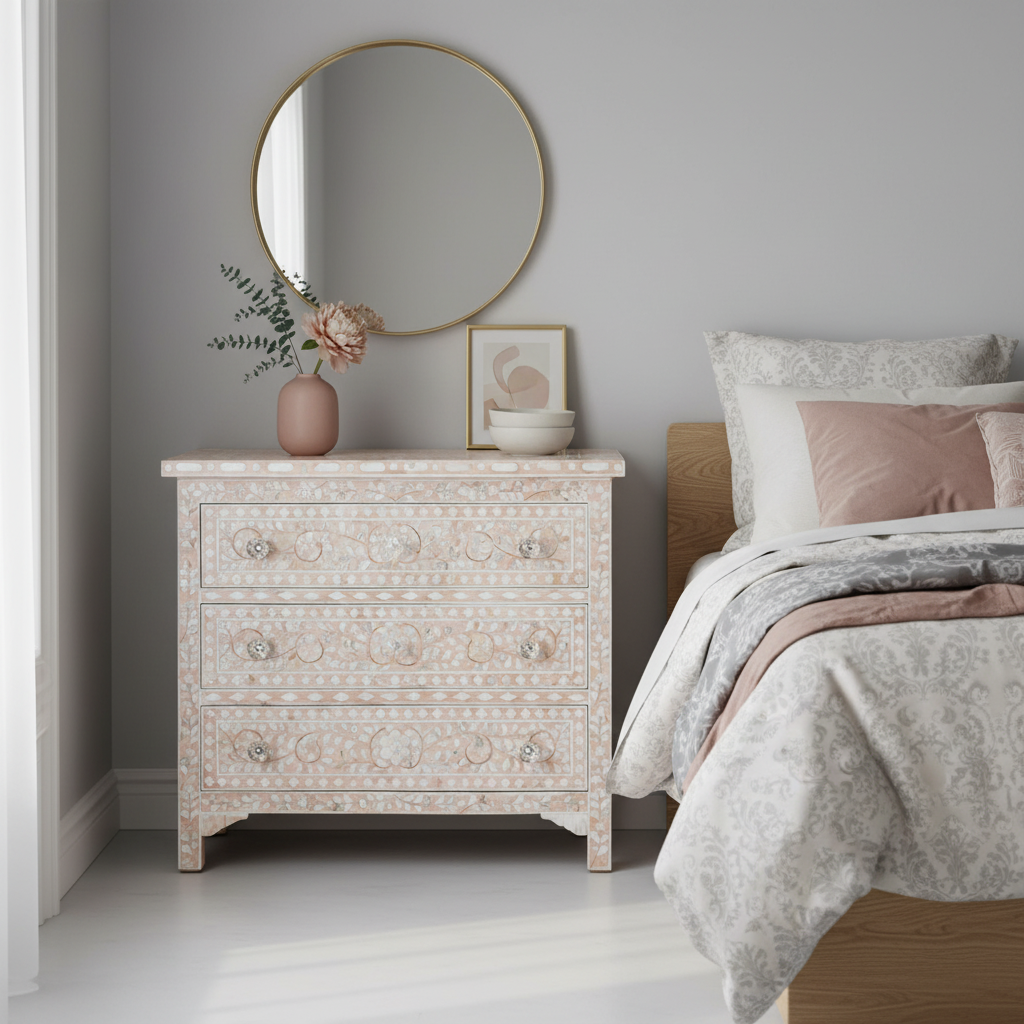 Mother of Pearl Floral Chest 3 Drawers : Light Pink