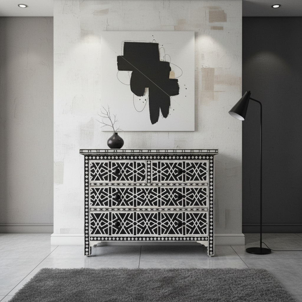 Bone Inlay 4 Drawer Chest : Abstract : Black