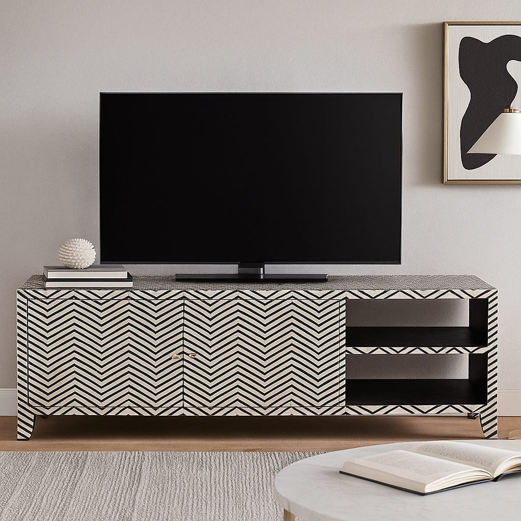 Bone Inlay 2 Door TV Sideboard : Zig Zag : Black