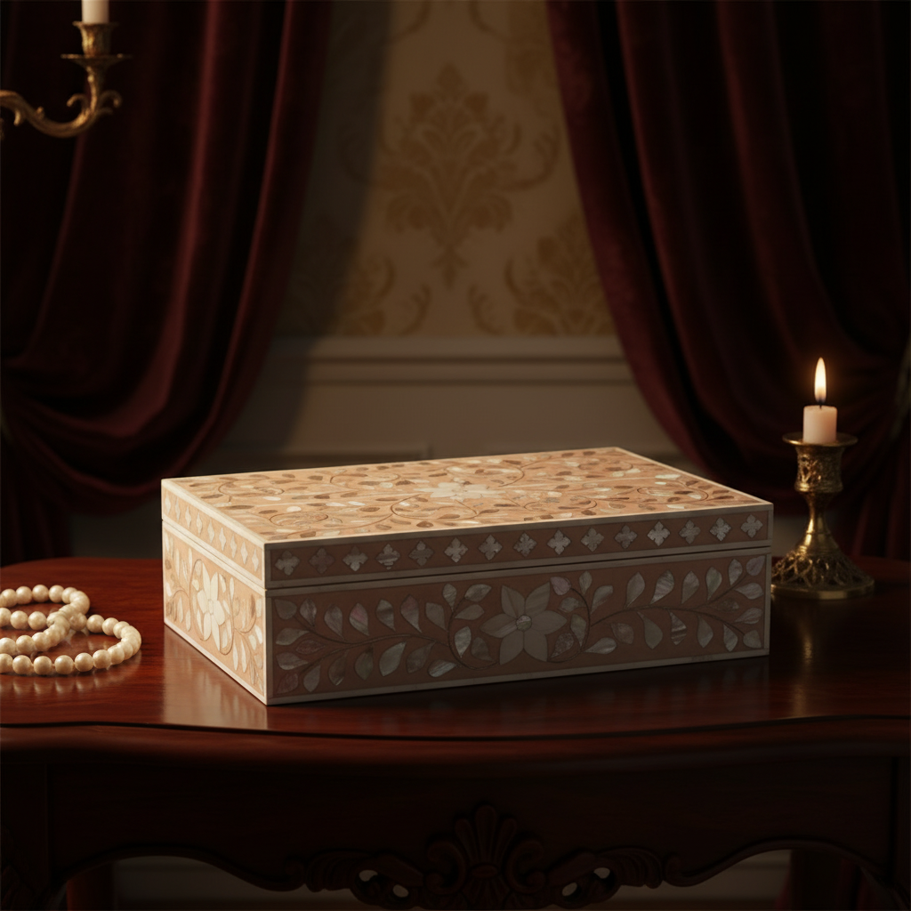 Mother of Pearl Inlay Large Box : Floral : Pale Pink