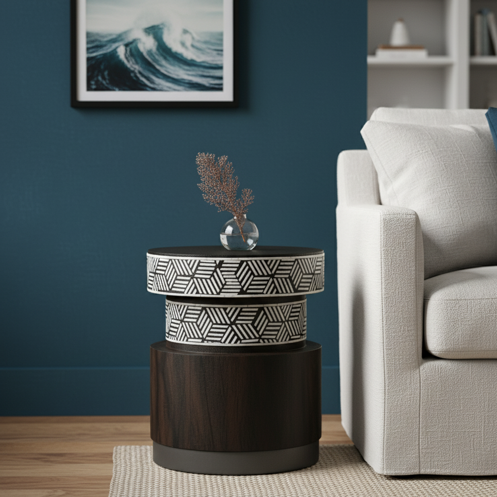 Bone Inlay & Timber Side Table : Criss Cross : Black