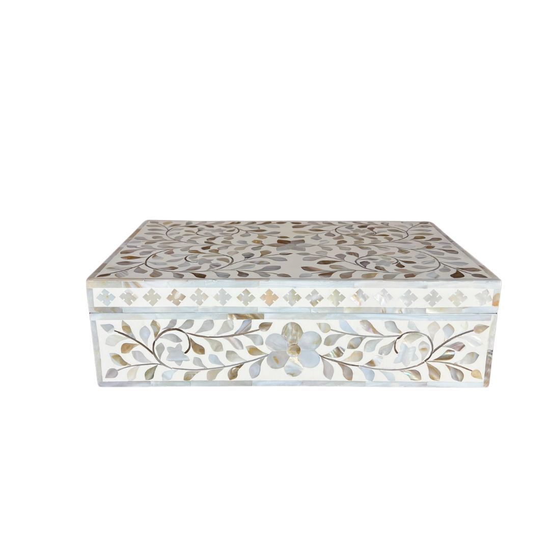 Mother of Pearl Large Inlay Box : Floral : White