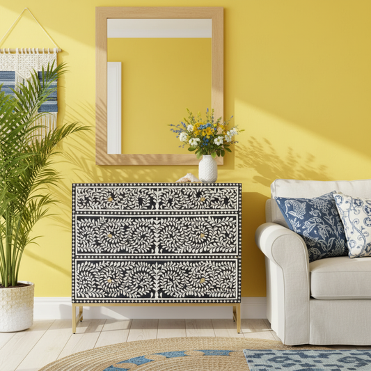 Bone Inlay 3 Drawer Chest : Liana : Navy