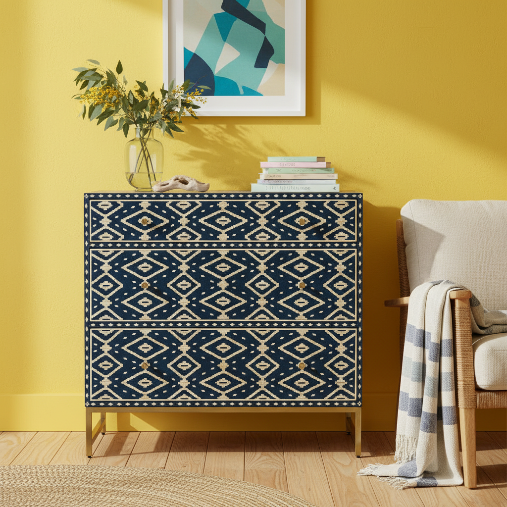 Bone Inlay 3 Drawer Chest : Patola : Indigo