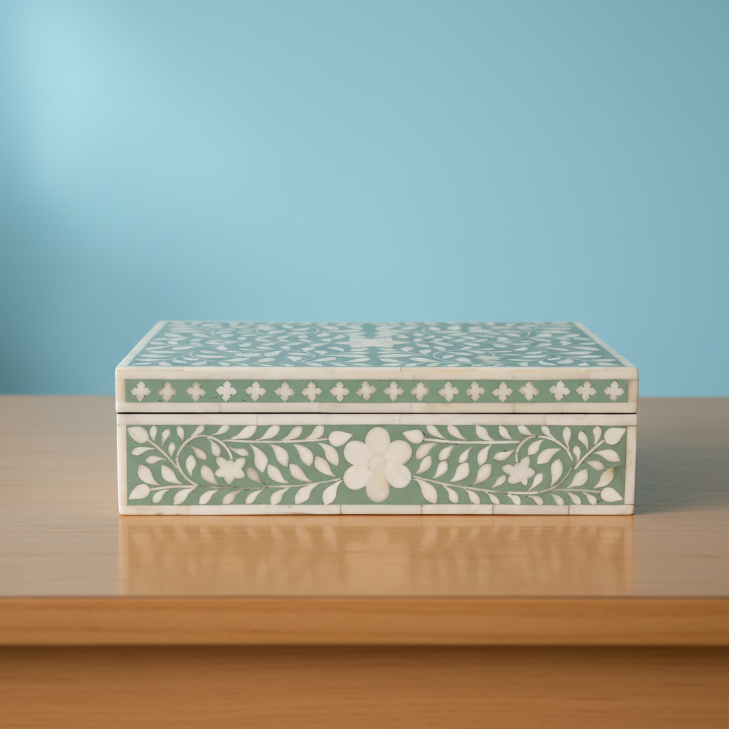 Bone Inlay Large Box : Floral : Soft Green