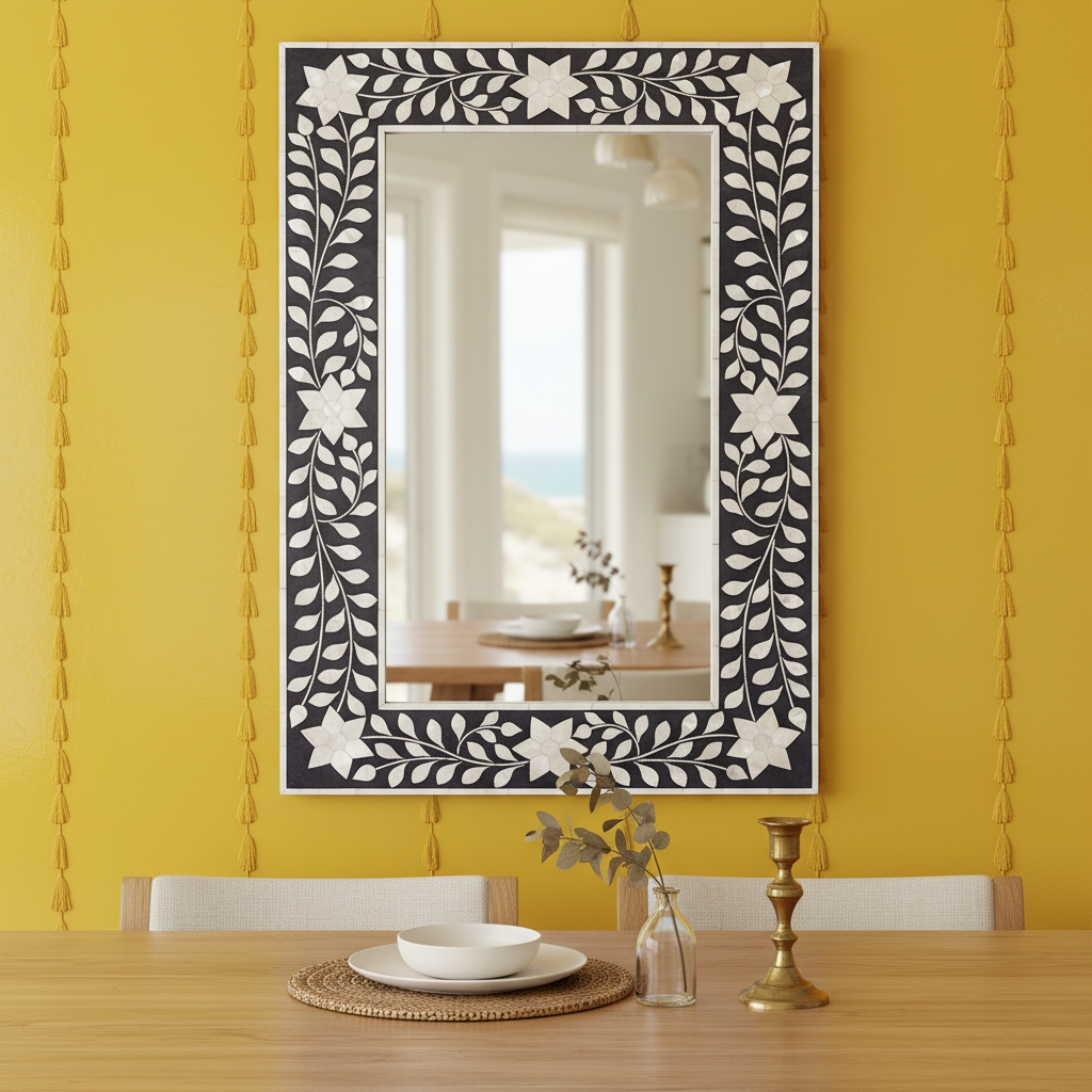 Bone Inlay Small Rectangular Mirror : Floral : Grey