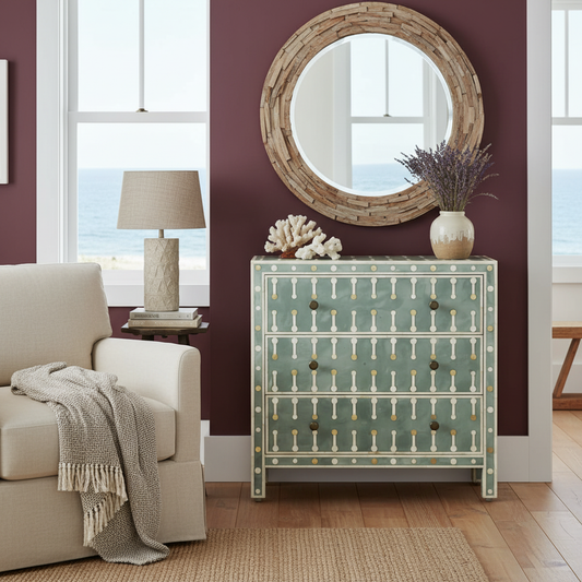 Bone & Brass Inlay 3 Drawer Chest : Pitachio