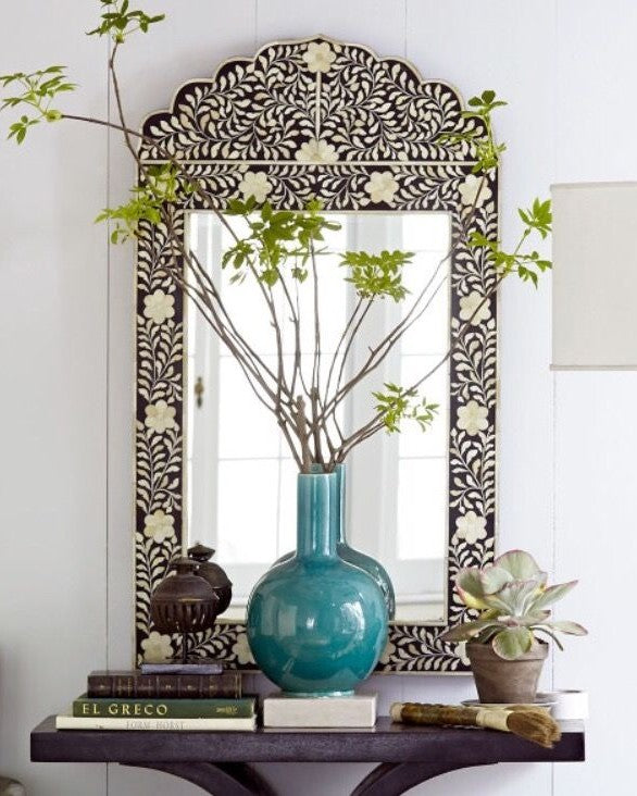Bone Inlay Crested Mirror : Floral : Black