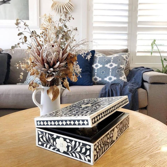 Bone Inlay Large Box : Floral : Black