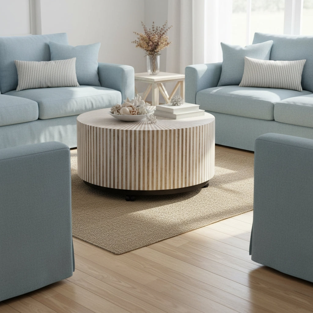 Bone & Timber Inlay Round Coffee Table (with castors)