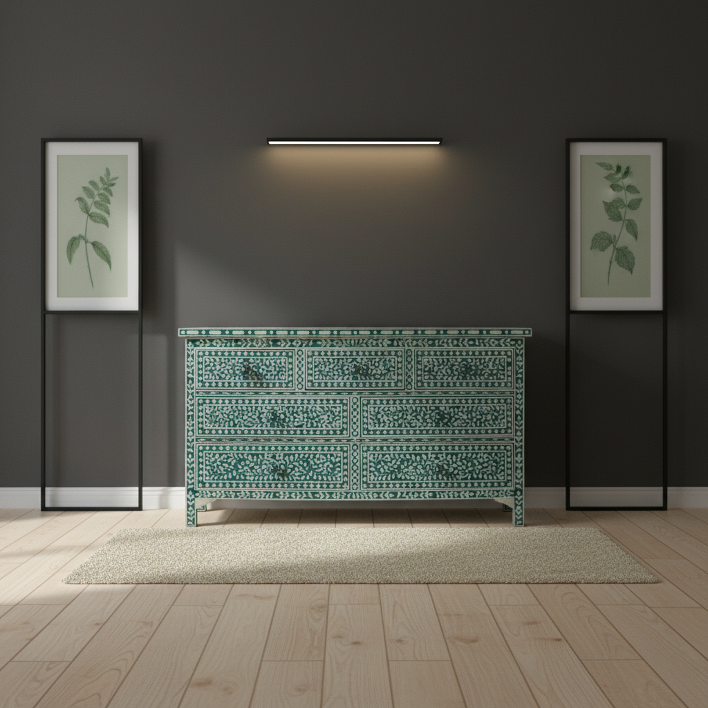 Bone Inlay 7 Drawer Chest : Floral : Emerald Green