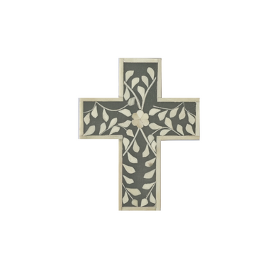 Bone Inlay Small Cross : Floral : Dark Grey