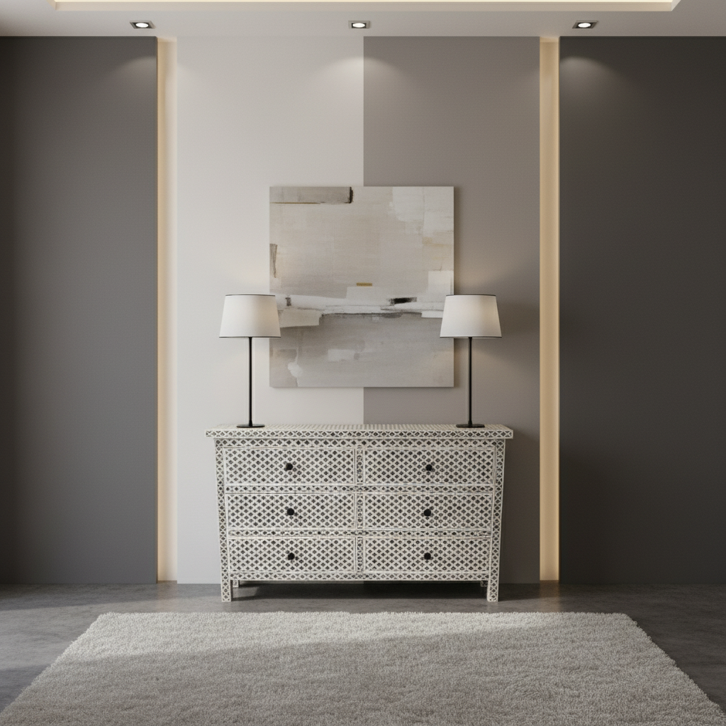 Dyed Bone Inlay 6 Drawer Chest : Moroccan : Grey