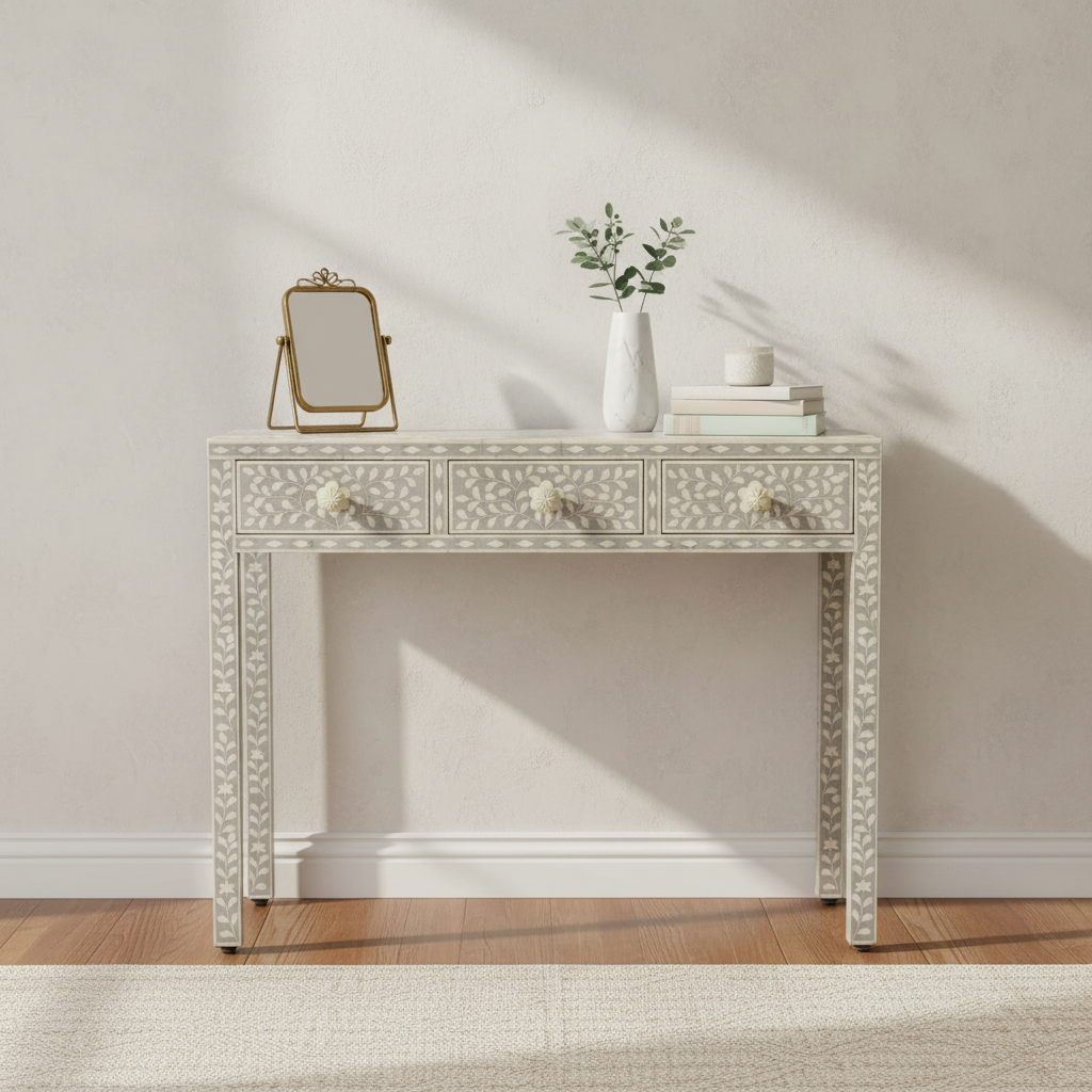 Bone Inlay Console : Floral : Grey
