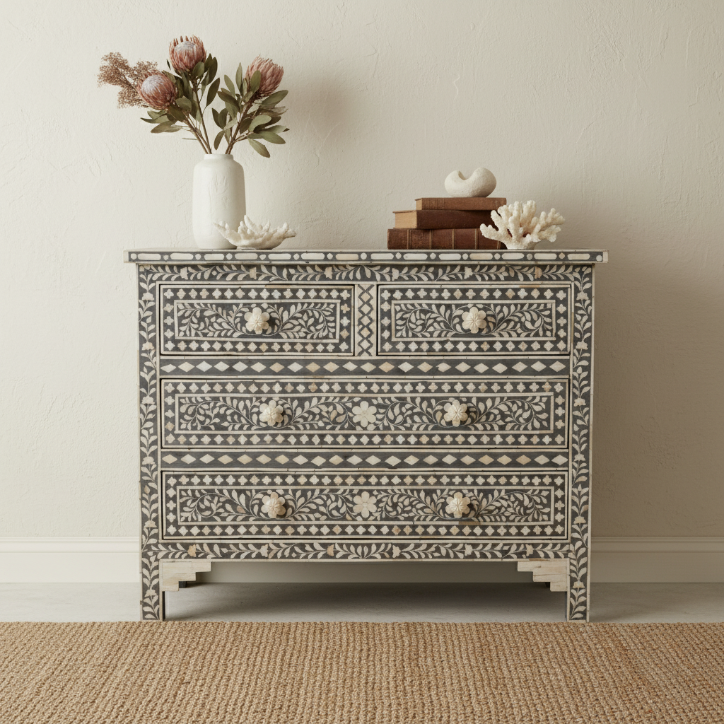 Bone Inlay 4 Drawer Chest : Floral : Grey