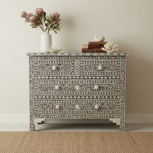 Bone Inlay 4 Drawer Chest : Floral : Grey