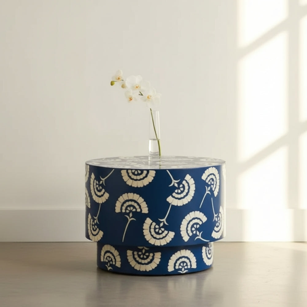 Bone Inlay Round Side Table : Fantail : Navy Blue