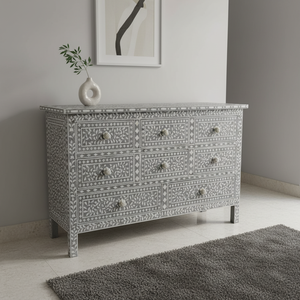 Bone Inlay 8 Drawer Chest : Floral : Grey