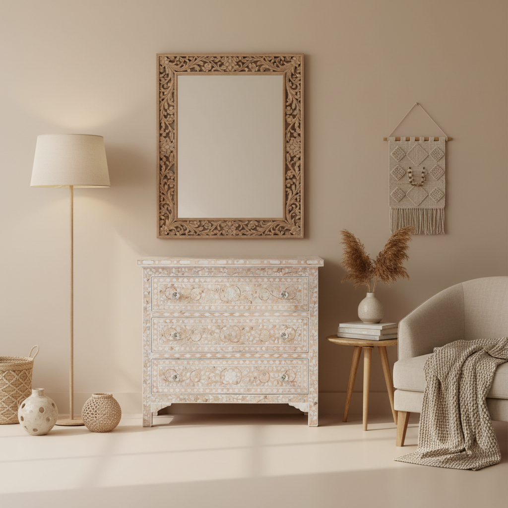 Mother of Pearl Floral Chest 3 Drawers : Light Pink