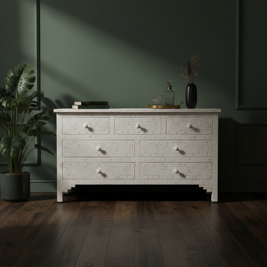 Bone Inlay 7 Drawer Chest : Floral : White