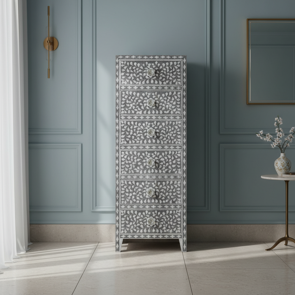 Mother of Pearl Inlay Tallboy : Floral : Grey