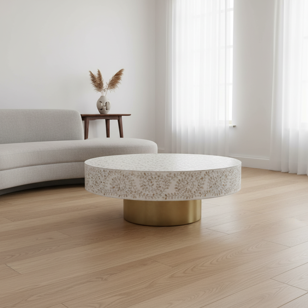 Mother of Pearl Inlay Coffee Table : Floral : White