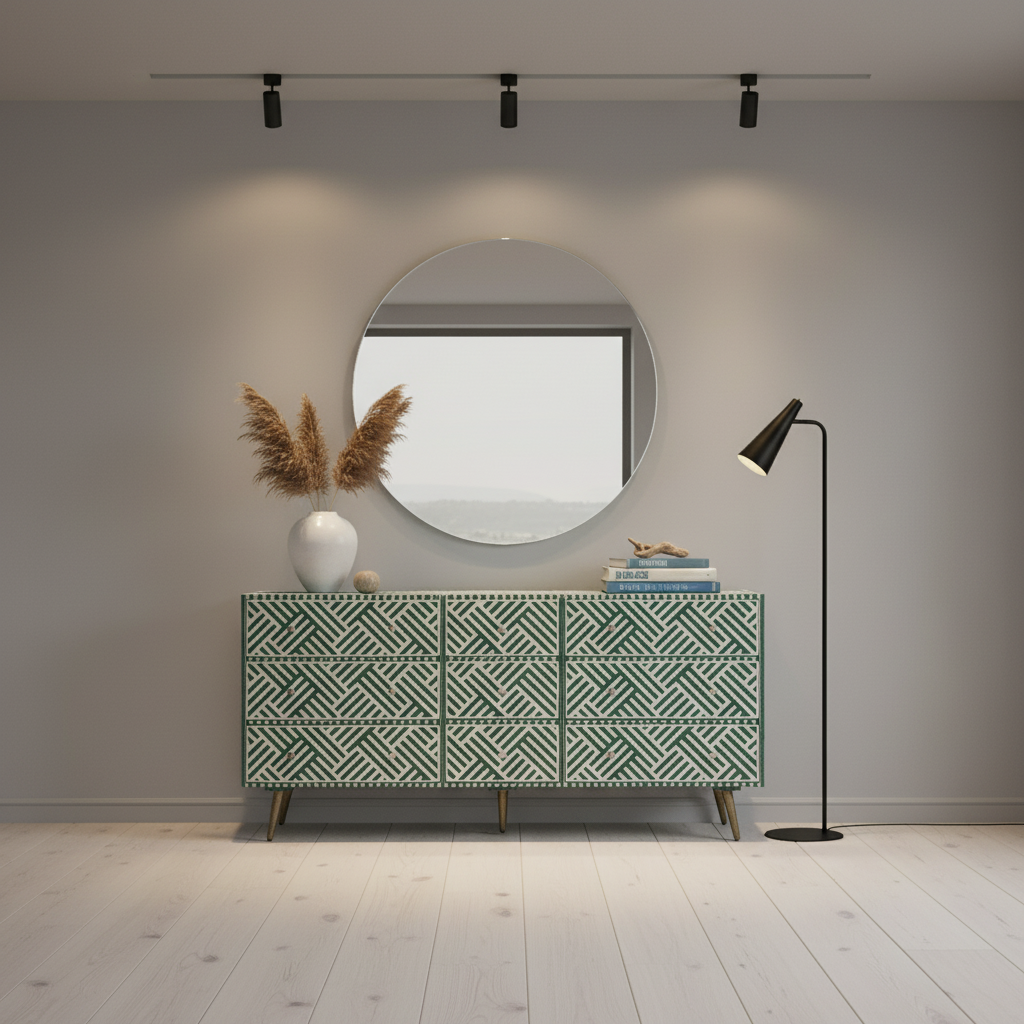 Bone Inlay 9 Drawer Sideboard : Criss Cross : Dark Green